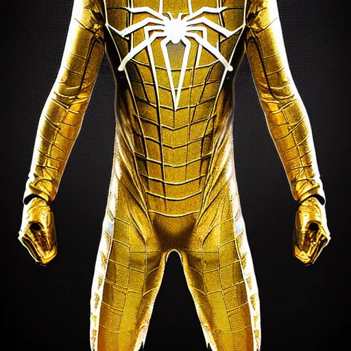 Image similar to gold spider - man suit with black web lining, cinematic, volumetric lighting, realistic, hyperdetailed, photorealistic, photograph