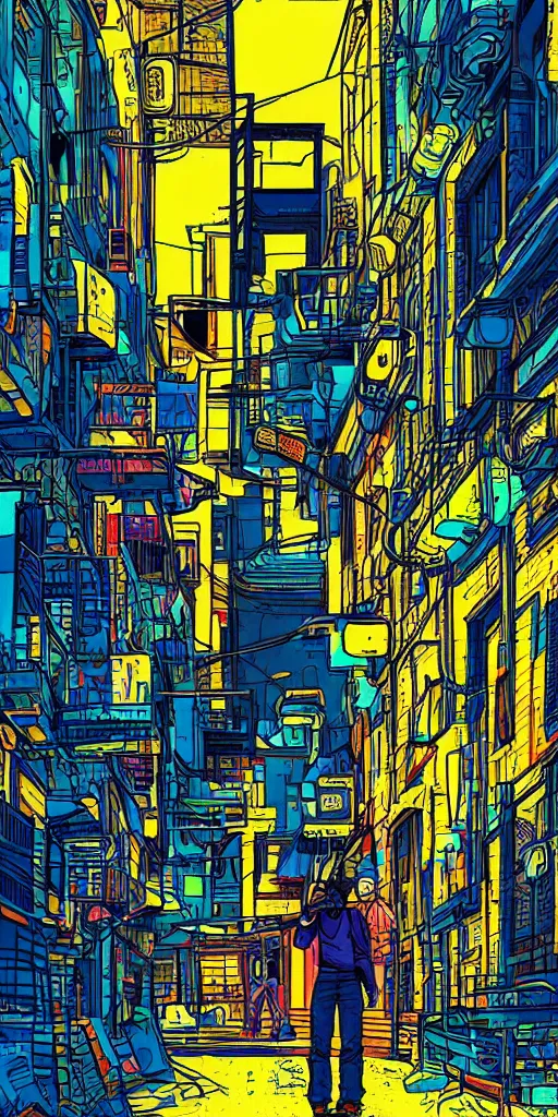 Image similar to person standing in a cyberpunk alley, pop art, markers, rtx, 8 k, ray tracing, highly detailed