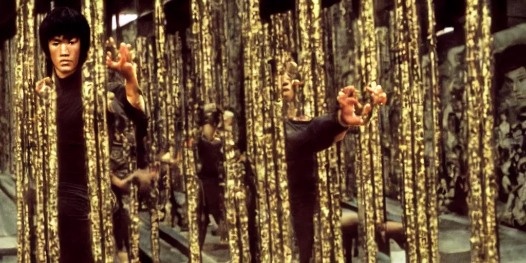 Image similar to bruce lee holding his nunchucks in a hall of mirrors, hyperreal, in the style of enter the dragon