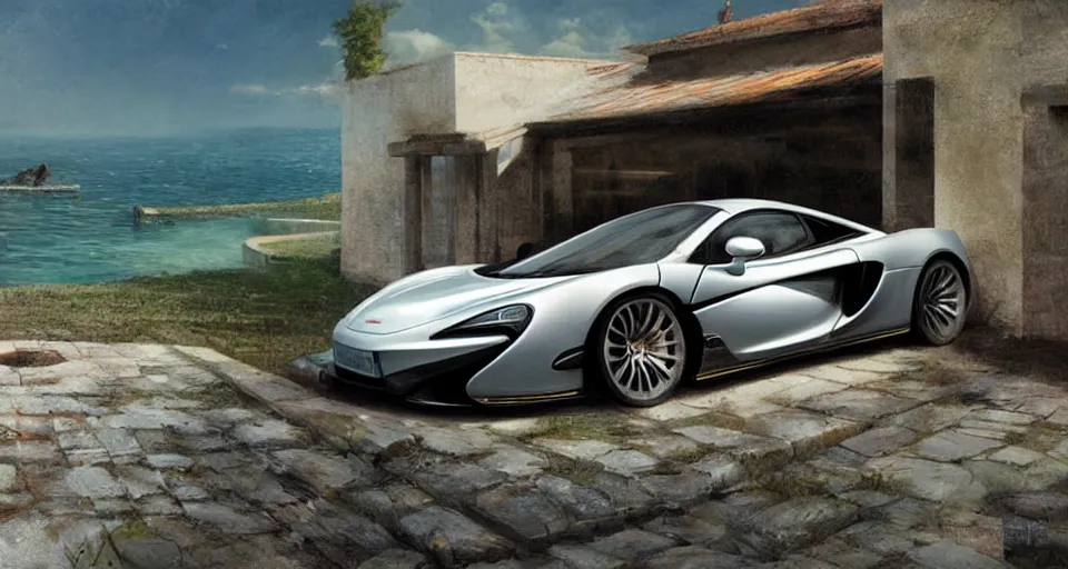 Image similar to mclaren in villa, front sea,digital art,ultra realistic,ultra detailed, ultra wide Lens, art by greg rutkowski