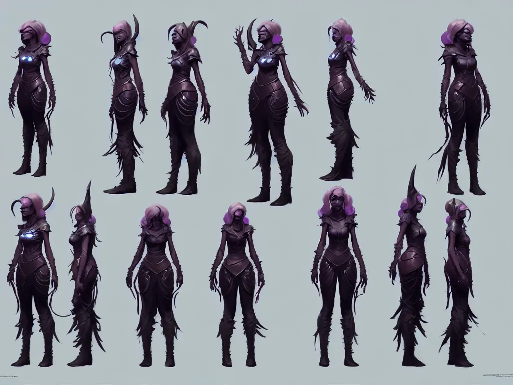 Prompt: highly detailed moba artstation character design sheet for a sci - fi witch, greg rutkowski, game assets, unreal engine, unity, concept art
