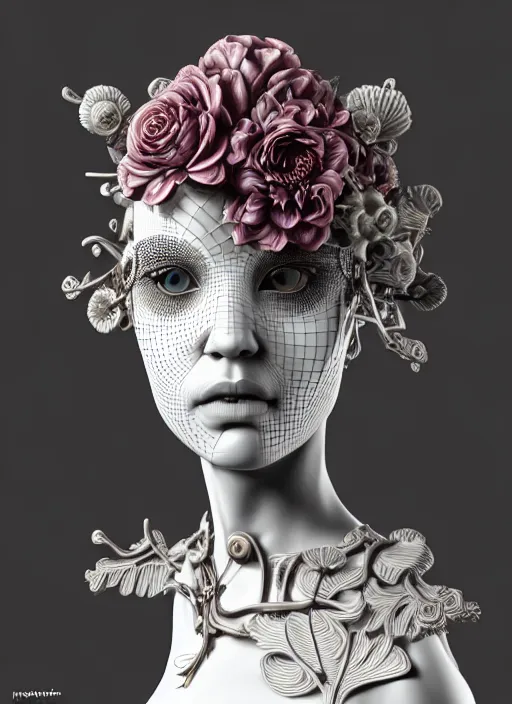 Image similar to monochrome 3 d model, floral steampunk biomechanical beautiful young female cyborg with porcelain profile face and a big floral eye, volumetric light, leaves foliage and stems, hibiscus flowers, boho floral vines, sinuous fine roots, fine foliage lace, alexander mcqueen, rim light, big gothic pearl embroidered collar, octane render, 8 k