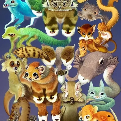 Image similar to Super cute animal combination of Margay, Gecko, Tarsier, Sugar glider, Sand cat, Bee hummingbird, Pygmy hippopotamus , Leafy sea dragon, Elephant Shrew, Klipspringer, Fennec Fox, Tawny frogmouth, Quetzal and Star-nosed mole