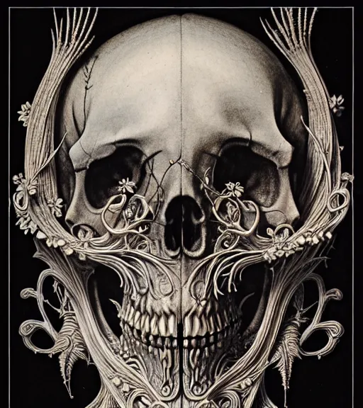 Image similar to art forms of nature by ernst haeckel, memento mori by arthur rackham, ornate antique porcelain beautiful skull mask, ultrasharp, photorealistic, hyperdetailed, octane render, polished, art nouveau, neo - gothic, gothic, intricate ornamental organic filigree, art nouveau botanicals, art forms of nature by ernst haeckel, horizontal symmetry, symbolist, visionary