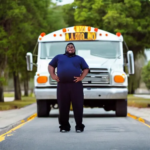 Image similar to overweight african american male school bus driver with dreads, wearing shorts with chubby legs, big moe, symmetric face, photo