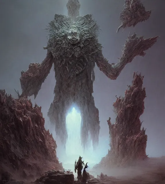 Image similar to crystal golem concept, beksinski, age of sigma art, frank franzetta, ruan jia, dark soul armor concept, trending on artstation, wayne barlowe, adrian smith fantasy art, elden ring art, the hobbit art, lord of the ring art, infinity blade armor