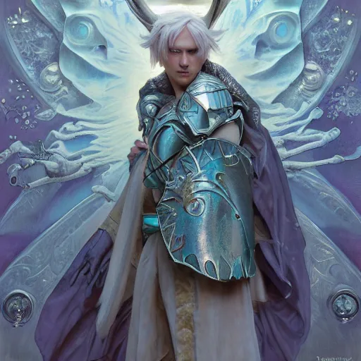 Image similar to an epic concept art of a handsome snow elf in a turquoise cape and silver armour, bow and arrow, albino skin, winter vibes, elegant, very coherent symmetrical artwork, by tomasz alen kopera and alphonse mucha and charlie bowater, photorealistic, sharp focus, octane render, rtx, hdr, unreal 5, trending on artstation