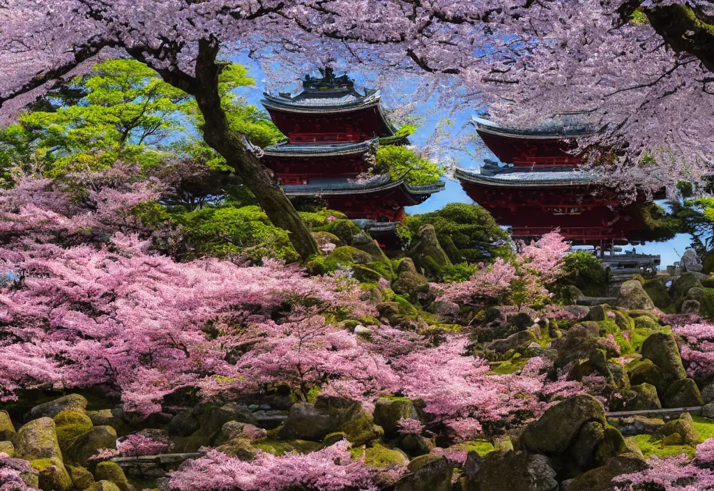 Prompt: An ancient shinto temple from Feudal Japan, cherry blossom trees, temple ruins, plant vegetation, fluffy clouds, sun rays, hyper realistic, high details, vivid colors, intricate details, artstation, octane, 8k