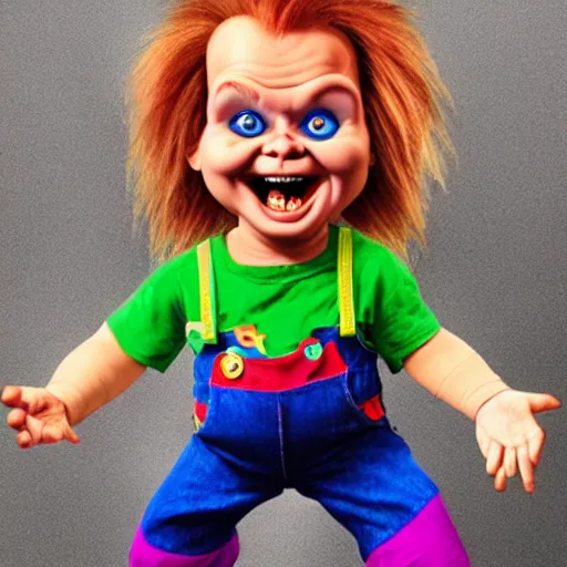 Image similar to hybrid of chucky and chuck e. cheese