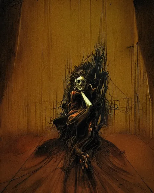 Prompt: dark fleshy figure seated in agony alone inside an empty dark ballroom in the style of Francis Bacon, Ayami Kojima, Amano, Karol Bak, Greg Hildebrandt, and Mark Brooks, dimly lit interior room, Greg Rutkowski and Francis Bacon, perfect smile