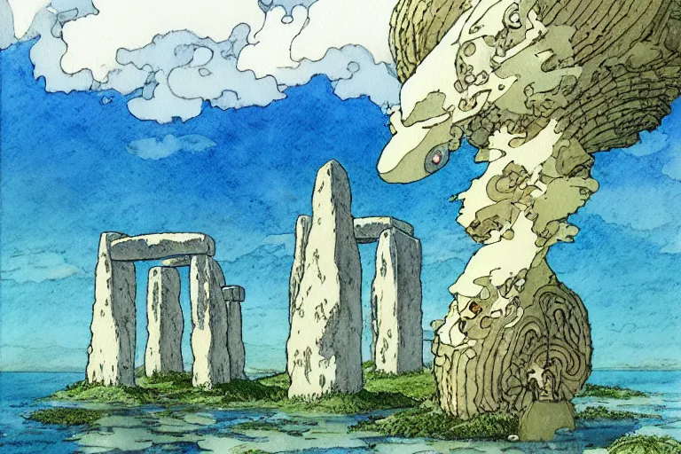 Image similar to a hyperrealist studio ghibli watercolor fantasy concept art. in the foreground is a giant lifting a stone. in the background is stonehenge. the scene is underwater on the sea floor. by rebecca guay, michael kaluta, charles vess