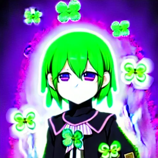 Prompt: a hologram of moe styled green haired yotsuba koiwai with an anonymous mask, wearing a gothic lolita decora spiked jacket, background full of lucky clovers and shinning stars, holography, irridescent