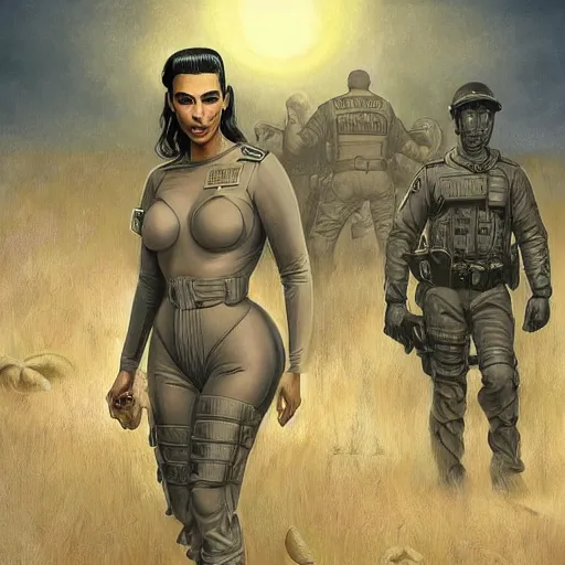 Image similar to kim kardashian as a cop, police uniform, full body view, full pov, scary graveyard, pretty, aesthetic, dust molecules, matte detailed photo, DeviantArt, Artstation, by donato giancola, ralph horley, loish, moonlit lighting