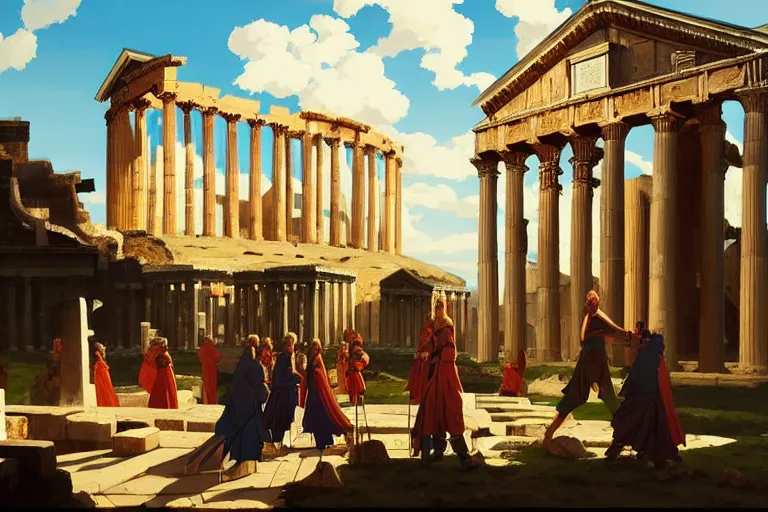 Image similar to anime key visual of the roman empire world conquest, great greek pantheon, divine right, style of jamie wyeth james gilleard edward hopper greg rutkowski acrylic painting, preserved museum piece, historical
