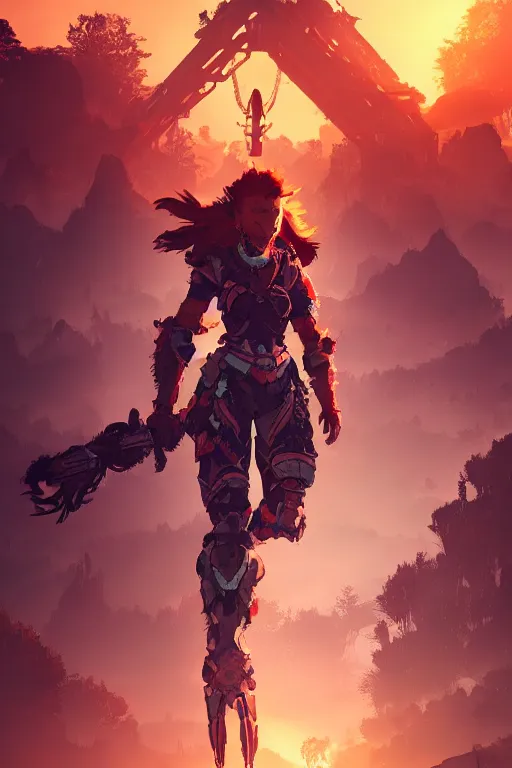 Image similar to combination suit armor aloy horizon forbidden west horizon zero dawn radiating a glowing aura global illumination ray tracing hdr fanart arstation by ian pesty and alena aenami artworks in 4 k tribal robot ninja mask helmet backpack