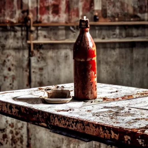 Image similar to bottle of milk, over a rusted metal table inside slaughterhouse