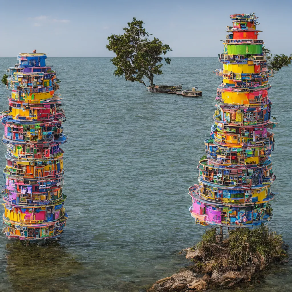 Image similar to a circular tower, made up of colourful makeshift squatter shacks suspended over water, dystopia, sony a 7 r 3, f 1 1, fully frontal view, ultra detailed, photographed by hiroshi sugimoto,