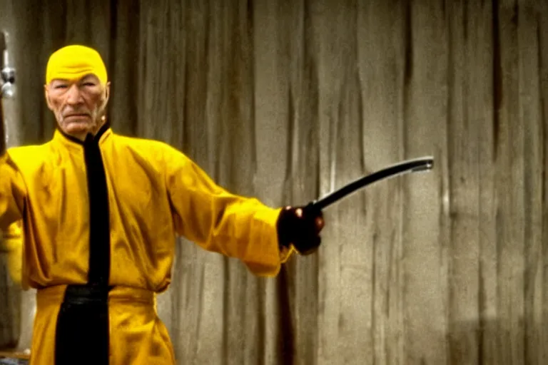 Image similar to film still patrick stewart in kill bill by tarantino, 8 k