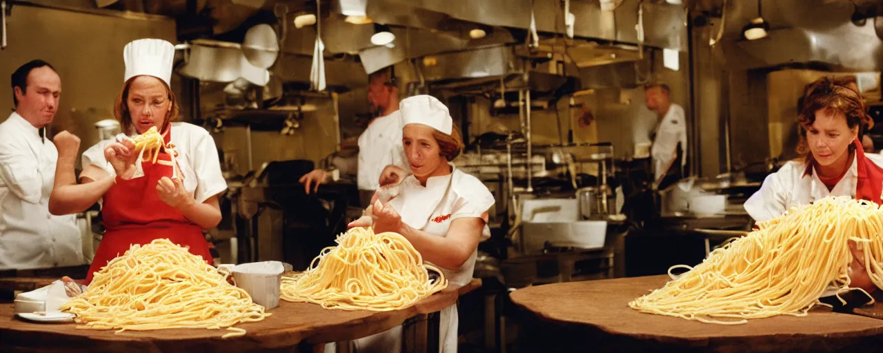 Prompt: a woman giving birth on a pile of spaghetti, chefs in the background, canon 5 0 mm, cinematic lighting, photography, retro, film, kodachrome