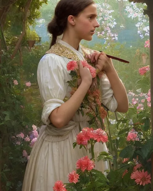 Image similar to a portrait painting of a shy, blushing 1 6 - year old alicia vikander or millie bobby brown as a princess in her flower garden with lanterns, intricate, elegant, highly detailed, artstation, concept art, by krenz cushart and donato giancola and william adolph bouguereau and alphonse mucha