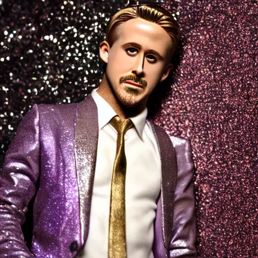 Prompt: Ryan Gosling with silver-violet hair, white eyes and golden glittery dress, wide lens, diorama, 4k,