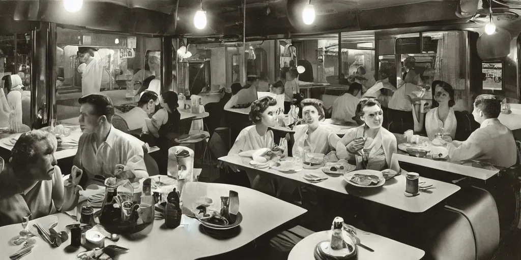 Prompt: detailed sharp photograph in the style of popular science circa 1 9 5 5 and gregory crewdson of a 1 9 5 0 s crowded diner summer night