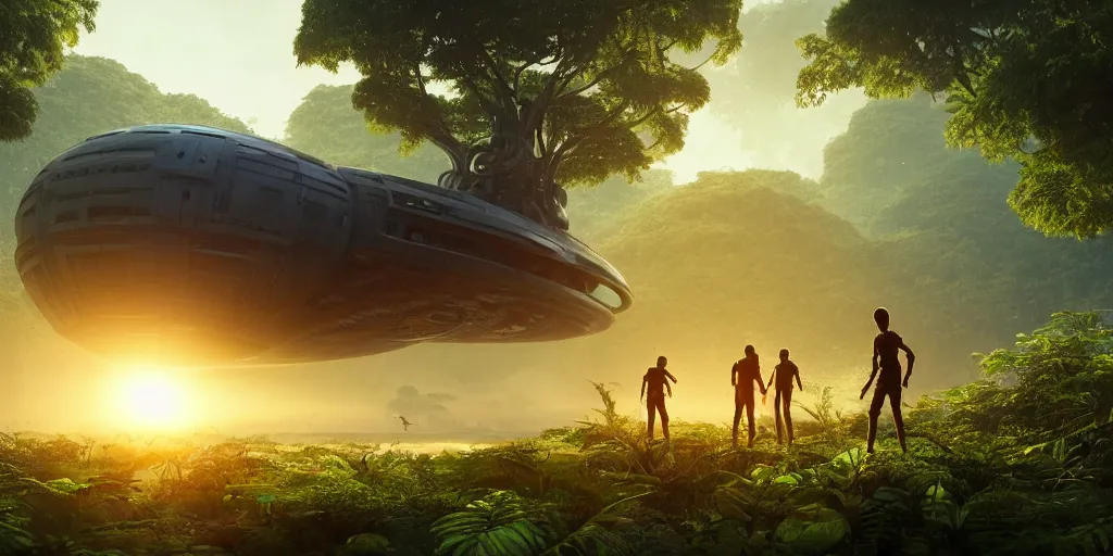 Image similar to a huge futuristic rusty old alien spaceship, next to it a smaller exploration ship on a landing pad, surrounded by a lush jungle, in the foreground two explorers are arguing and small animals! are walking around, golden hour, volumetric light, hyperdetailed, artstation, cgsociety, 8k