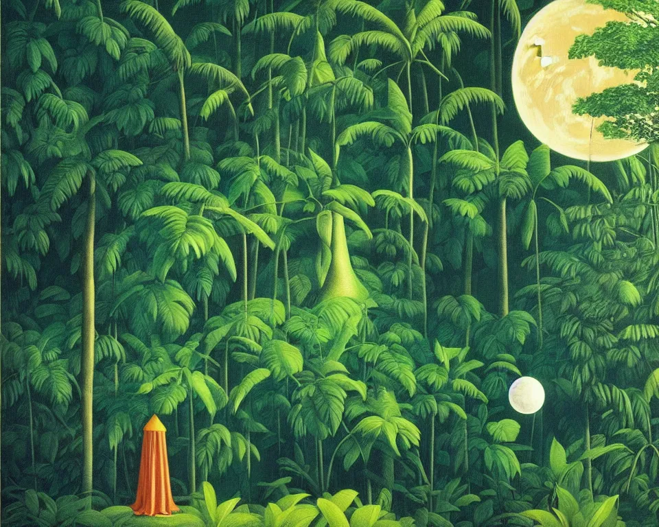 Prompt: an achingly beautiful print of the lunar lander in the middle of a tropical rainforest by Raphael, Hopper, and Rene Magritte. detailed, romantic, enchanting, trending on artstation.