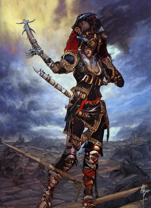 Prompt: dynamic! middle portrait of a biblical diabolical pirate female pharaoh, stylish leather armor, pirate ship! bright glowing eyes, in clouds, strong studio lights, thunder, storm, sunset, by gerald brom, by mikhail vrubel, by peter elson, muted colors, extreme detail, mirrors, trending on artstation, 8 k
