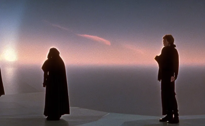 Prompt: iconic wide cinematic screen shot of luke skywalker facing a female sith lord, standing with a view of coruscant at sunset, from the thrilling scene from the 1 9 9 0 s sci fi film directed by stanley kubrick, moody cinematography, foggy volumetric lighting, hyper detailed scene, anamorphic lenses 2 4 mm, lens flare, award winning