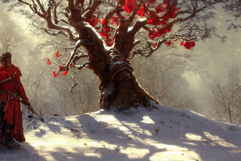 Image similar to winter, a male warrior relaxing under a huge tree with red flowers, sun shining on him, god ray, ground covered with snow, fantasy, painting by gaston bussiere, craig mullins, j. c. leyendecker, trending on artstation