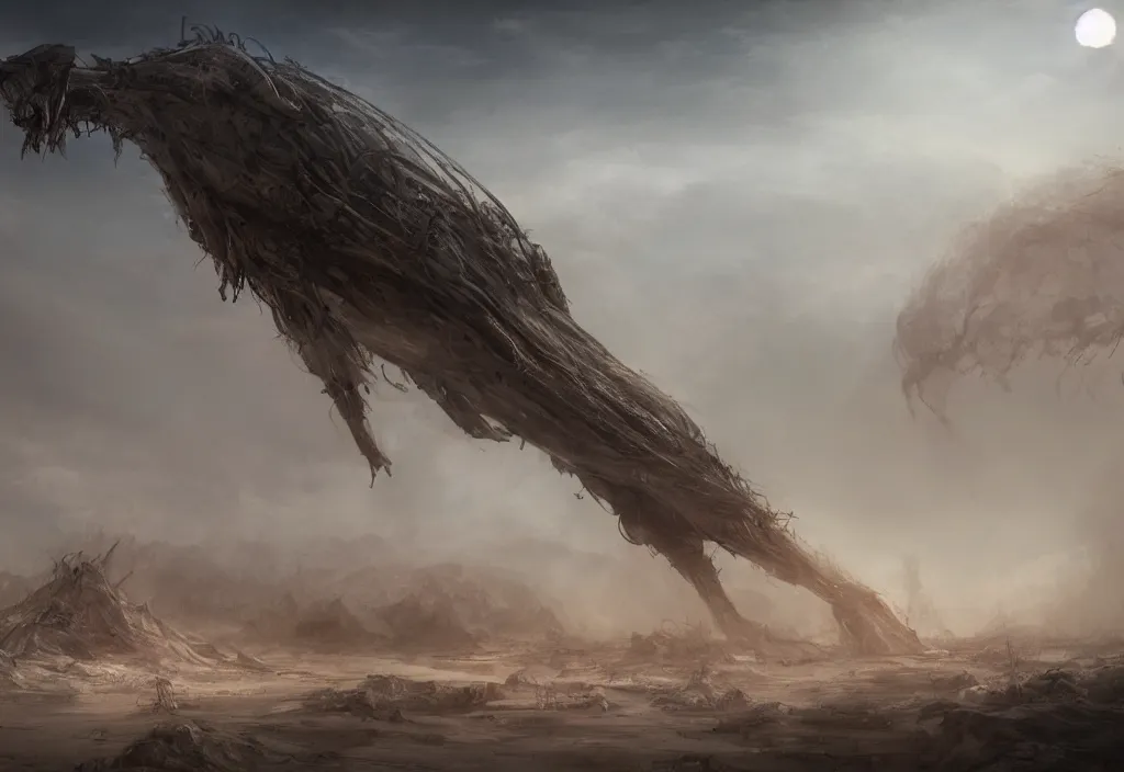 Prompt: a gigantic dead alien creature, laying in the black desert of an alien planet, dense smoke coming from the ground in the background, cloudy, atmospheric lighting, concept art, trending on artstation,