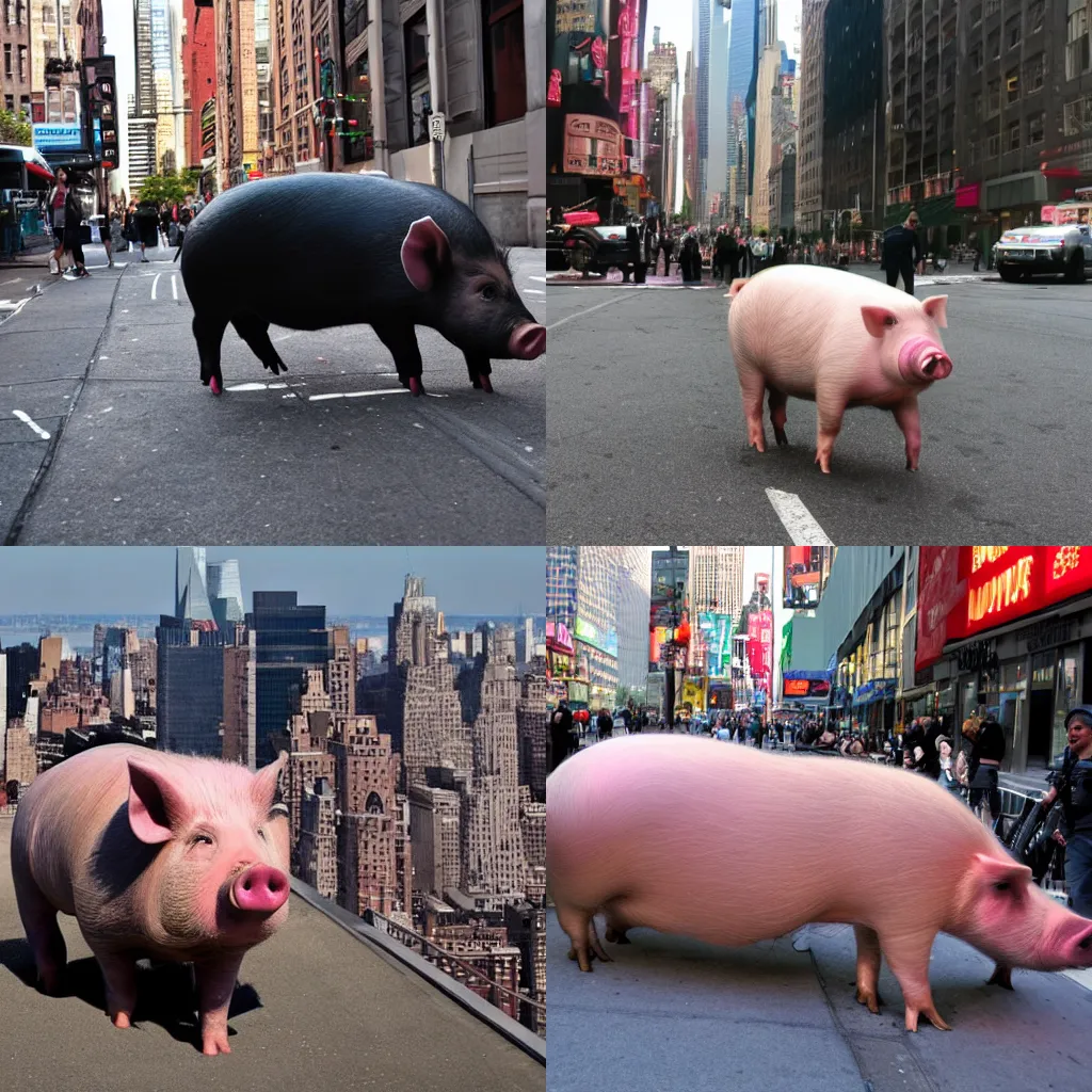 Prompt: the biggest pig ever attacks new york city