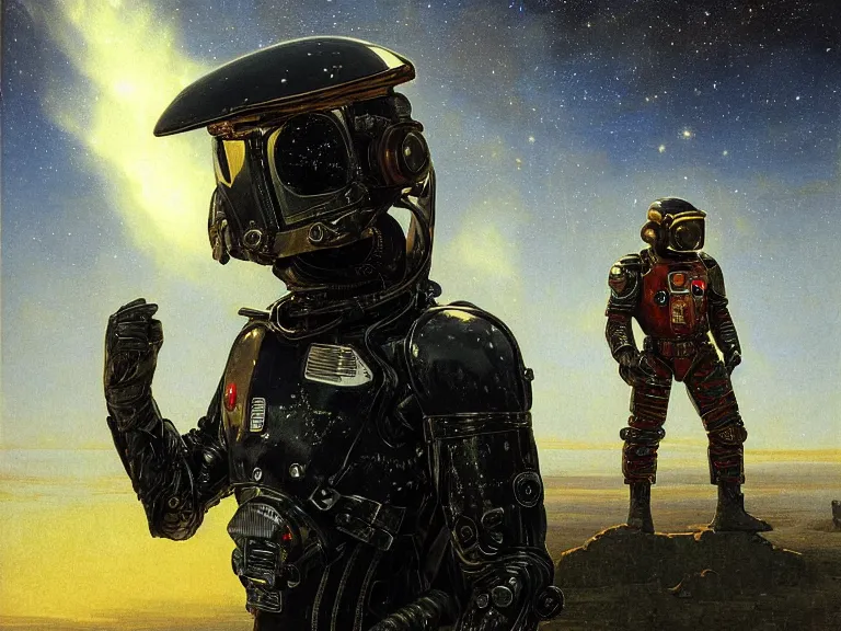 Image similar to a detailed profile oil painting of a lone shock trooper in a spacesuit with reflective helmet, technology flight suit, bounty hunter portrait symmetrical and science fiction theme with lightning, aurora lighting clouds and stars by beksinski carl spitzweg and tuomas korpi. baroque elements, full-length view. baroque element. intricate artwork by caravaggio. Trending on artstation. 8k