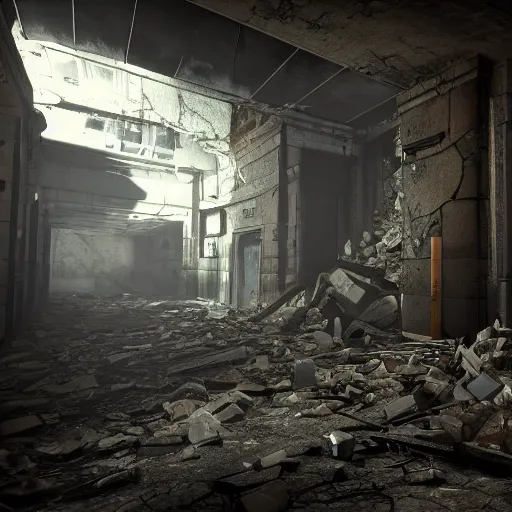 Image similar to a walkie - talkie stands in rubble, intricate details, dark interior of an old hallway, horrible angry zombies in the background, 8 k hyperdetailed, unreal engine, octane render, style of gta v artworks