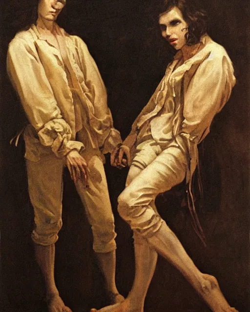 Image similar to a baroque painting of two beautiful but sinister young men wearing oxford shirts in layers of fear, with haunted eyes and dark hair, 1 9 7 0 s, seventies, wallpaper, a little blood, moonlight showing injuries, delicate embellishments, painterly, offset printing technique, by brom, robert henri, walter popp