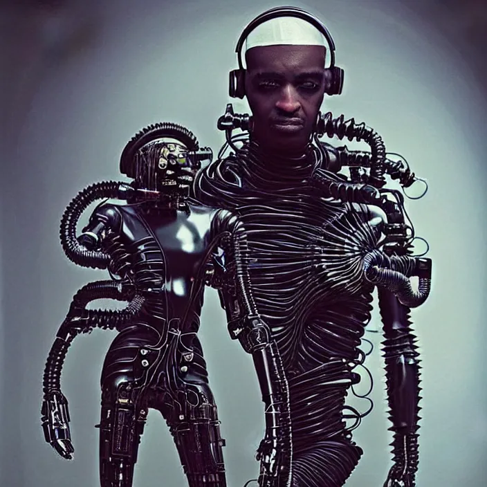 Prompt: cyberpunk black man at 20s with robot eyes, short hair, tiny thin mustache, thin face, wearing headphones, holding a big camera, by Wayne Barlowe by peter Mohrbacher by Giger, dressed by Alexander McQueen and by Neri Oxman, metal couture hate couture editorial