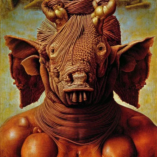 Prompt: half boy half rhino made of spaghetti, by giuseppe arcimboldo and ambrosius benson, renaissance, intricate and wet oil paint, a touch of beksinski, realistic, zoomed out, full figure