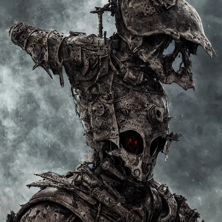 Prompt: undead armoured man in burned forest full of smoke, fantasy style, highly detailed, smooth, sharp focus, character portrait, portrait, concept art, intricate details, medieval poster, dark athmosphere, 8 k. lifelike. nikon d 8 5 0