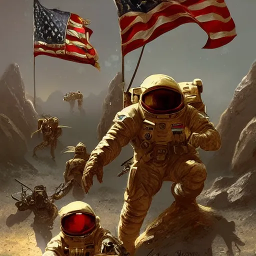 Image similar to American Marines fighting Vex goblins on the moon, Destiny, highly detailed, digital painting, artstation, concept art, sharp focus, illustration, art by artgerm and greg rutkowski and magali villeneuve, red white and gold color scheme