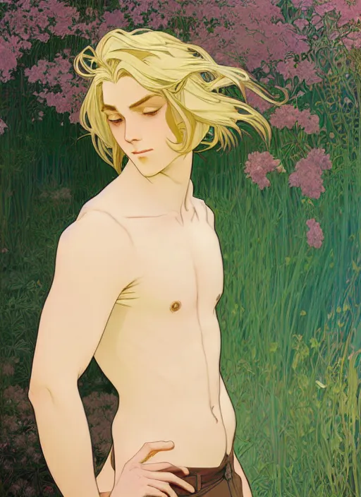 Image similar to pretty young man with shoulder length blond hair, male, half body shot, path traced, highly detailed, high quality, digital painting, by studio ghibli and alphonse mucha, leesha hannigan, hidari, art nouveau, chiho aoshima, posuka demizu