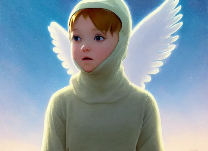 Prompt: angel baby cherub, wearing a balaclava, ski mask face, covered face, face covered, role in a musical sci - fi space opera ghibli animated film, volumetric lighting, octane render by stanley artgerm lau, greg rutkowski, thomas kindkade, alphonse mucha, loish, norman rockwel,