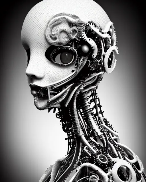 Image similar to black and white dreamy foggy smoky profile face portrait, one silver steampunk eye biomechanical beautiful young female cyclope - cyborg - robot bust, body ribs meshes,, volumetric light, hibiscus flowers, by hg giger, rim light, by dora maar and cecile beaton, big gothic fashion pearl embroidered collar, 8 k