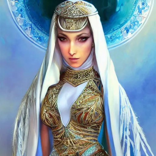 Image similar to a beautiful arabian woman wearing a white kaftan by karol bak, ayami kojima, artgerm, arabian beauty, blue eyes, smile, concept art, fantasy