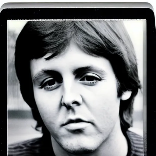 Prompt: Polaroid Portrait of a younger 1970s 35 year old Paul McCartney, taken in the 1970s, photo taken on a 1970s polaroid camera, grainy, real life, hyperrealistic, ultra realistic, realistic, highly detailed, epic, HD quality, 8k resolution, body and headshot, film still, front facing, front view, headshot and bodyshot, detailed face, very detailed face, by Andy Warhol