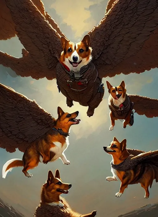 Image similar to masterpiece concept art, three corgis with wings, by greg rutkowski and geof darrow, 8 k, intricate detail, cinematic lighting