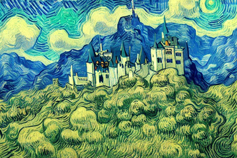 Prompt: retro - futurism anime castle on a mountain in clouds with lots of details look from above rule of thirds golden ratio, fake detail, painted by van gogh