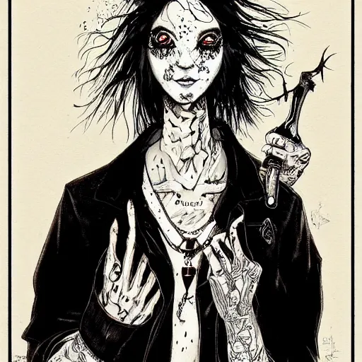 Prompt: beautiful portrait commission of a handsome alligatoah casual clothes in a vintage gothic style. black hair. pale skin, black makeup. character design by ralph steadman, detailed, inked, western comic book art