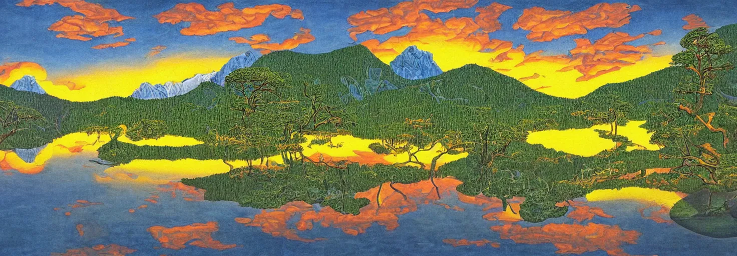 Image similar to escher painting of a lake, big trees reflecting on lake surface, mountains at background, fluffy clouds, sunset, yellow, green, red, snowy, ultra sharp, ultra detailed, cyberpunk, happy, uplifting, colorized by salvador