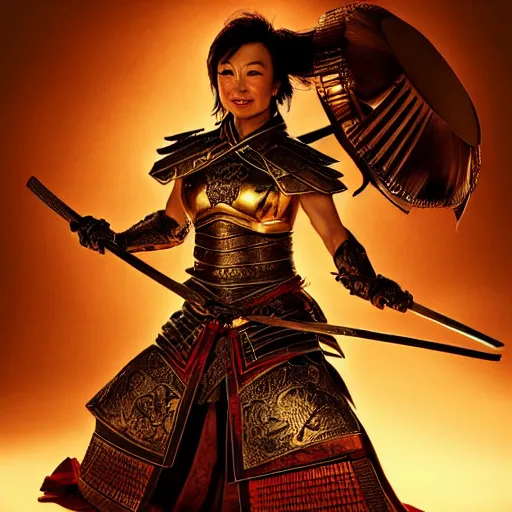 Prompt: ming na wen in samurai armor, atmospheric lighting, painted, intricate, golden hour, ultra detailed by royo